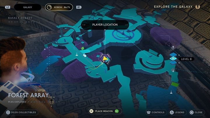 W okrągłym pomieszczeniu niedaleko warsztatu musicie dostać się na górę - Jedi Survivor: Leśny Węzeł - lista sekretów - Star Wars Jedi Survivor - poradnik do gry