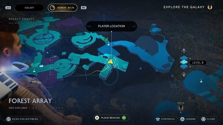 Pozostając na wspomnianej wyżej konstrukcji udajcie się w drugą stronę do samego końca - Jedi Survivor: Leśny Węzeł - lista sekretów - Star Wars Jedi Survivor - poradnik do gry