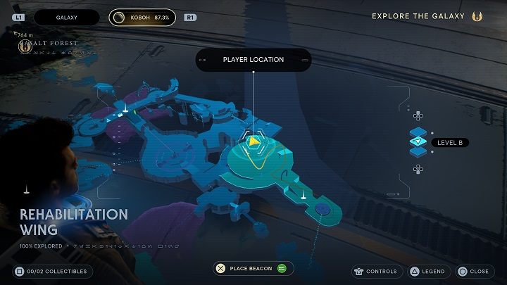 Poczynając od punktu medytacji udajcie się przed siebie, do głównego pomieszczenia - Jedi Survivor: Skrzydło Rehabilitacyjne - lista sekretów - Star Wars Jedi Survivor - poradnik do gry