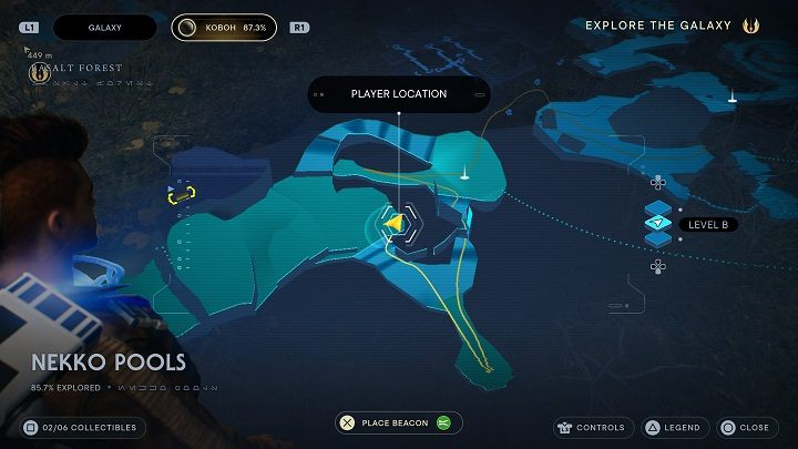 Po opuszczeniu jaskini z odłamkiem udajcie się w lewo, na trochę większy placyk - Jedi Survivor: Baseny Nekko - lista sekretów - Star Wars Jedi Survivor - poradnik do gry