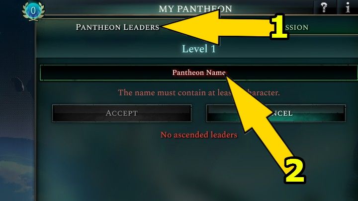 Możecie tam przejrzeć wyniesionych bohaterów (#1) oraz nadać dowolną nazwę swojego Panteonu (#2) - Age of Wonders 4: Panteon - Age of Wonders 4 - poradnik do gry