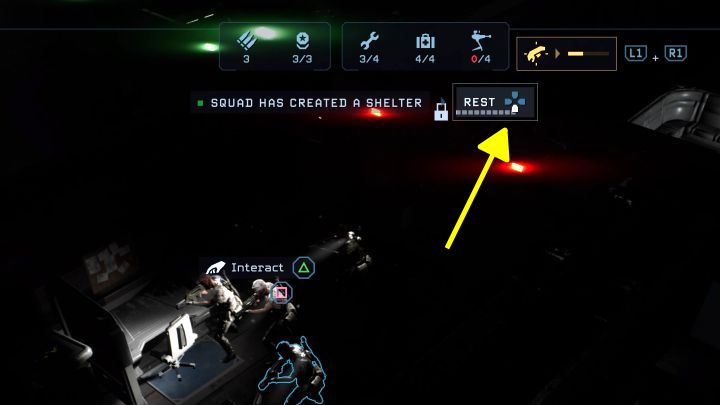 Jeśli poprawnie wykonaliście wszystkie czynności, to u góry ekranu pojawi się ikona aktywacji odpoczynku (powyższy obrazek) - Aliens Dark Descent: Jak stworzyć schron i odpocząć? - Aliens Dark Descent - poradnik do gry
