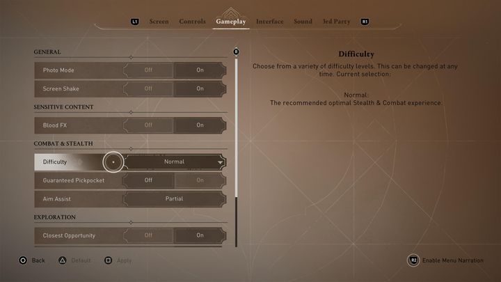 By dostosować poziom trudności do swoich upodobań, udajcie się do menu ustawień gry, a następnie przejdźcie do zakładki Rozgrywka - AC Mirage: Poziomy trudności - AC Mirage - poradnik do gry