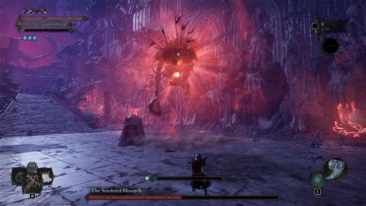 Gdy boss zbliży się do połowy swojego HP, ogniste miecze wbiją mu się w ciało, a on uniesie się w powietrze - Lords of the Fallen: Jak pokonać bossa Boleściwy Monarcha? - Lords of the Fallen - poradnik do gry