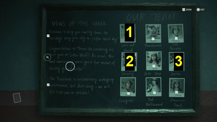 Znajdźcie w sklepie z pamiątkami tablicę pracowników - Alan Wake 2: Zagadka sejfu w Sklepie z pamiątkami w Coffee World - Alan Wake 2 - poradnik do gry