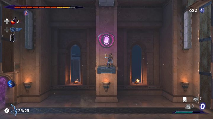 W prawej komnacie, pochwyćcie fioletowy element przy pomocy Szponu Wymiarów, a następnie rzućcie nim w otwór powyżej - Prince of Persia The Lost Crown: Jak rozwiązać zagadkę w Górnym mieście? - Prince of Persia The Lost Crown - poradnik do gry