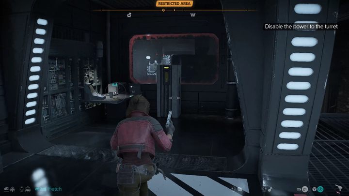 Przejdźcie na drugą stronę pomieszczenia kryjąc się za osłonami i wskoczcie do rowu, stając obok czerwonej bariery - Star Wars Outlaws: Inżynier droidów - solucja, opis przejścia - Star Wars Outlaws - poradnik do gry