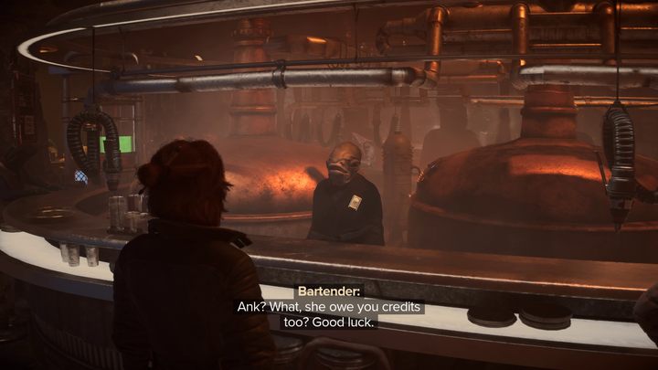 Porozmawiajcie z barmanem, który przekaże Wam, że włamywaczka przetrzymywana jest przez Ashigów w ramach rekompensaty za nieopłacone długi - Star Wars Outlaws: Włamywaczka - solucja, opis przejścia - Star Wars Outlaws - poradnik do gry
