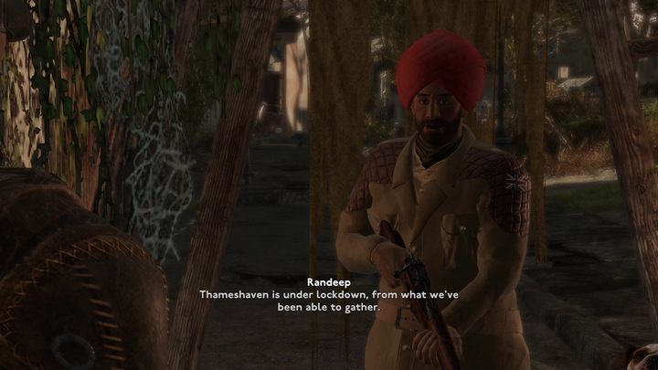 Niedaleko wejścia do samego Thameshaven natraficie na strażników Tommies na posterunku przy barykadzie - Fallout London: Charybdis - Fallout London - poradnik do gry