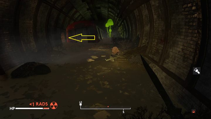 Przed zatopionym wagonem, na lewej ścianie tunelu znajduje się niewielkie przejście, do którego będziecie musieli przykucnąć (przycisk CTRL) - Fallout London: Charybdis - Fallout London - poradnik do gry