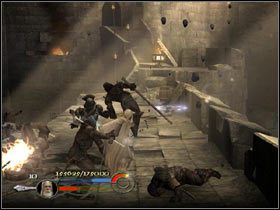 Czym prędzej udaj się po drabinie do potrzebującego i korzystając z magicznej laski załatw łuczników - Helm's Deep - Droga Gandalfa Białego - Władca Pierścieni: Powrót Króla - poradnik do gry