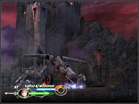 Na górze zrzuć beczkę i pomostem przejdź do katapulty - Cirith Ungol (2) - Szlak Froda i Sama - Władca Pierścieni: Powrót Króla - poradnik do gry