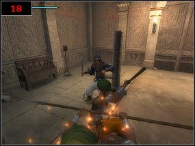 Przesuwamy się po gzymsie do momentu aż nie dojdziemy do dziury w murach [17] , do której wskakujemy - The Maharajahs Treasure Vaults - Prince of Persia: Piaski Czasu - poradnik do gry