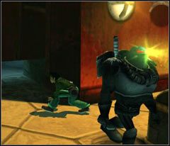 Po dotarciu do drugiego (tego, który idzie w prawo) zacznij za nim iść, ALE zatrzymaj się i gdy tylko pierwszy ruszy na dół wejdź do niewielkiego otworu - 58 Slaughterhouse | Beyond Good & Evil - Beyond Good & Evil - poradnik do gry