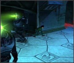 Kiedy strażnik znajdzie się w pozycji ukazanej na screenie ruszaj w stronę jedynych możliwych drzwi - 65 Slaughterhouse | Beyond Good & Evil - Beyond Good & Evil - poradnik do gry