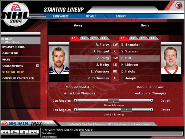 Co nas interesuje to dwa suwaki - Player Advantage oraz Golie Advantage, czyli Przewaga graczy (z pola) oraz Przewaga bramkarzy - Mecz | NHL 2004 - NHL 2004 - poradnik do gry