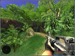 Kiedy się z nimi uporasz, wejdź po stopniach i skieruj się do ukrytego za głazem wejścia - Misja 03 - Fort w Far Cry - Far Cry - poradnik do gry