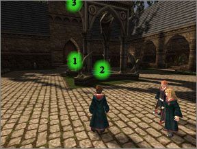 Sekret 2/6 - po lewej stronie dziedzińca rzuć czar na tarczę (4) na ścianie - Tereny wokół Hogwartu | Hogwart w Harry Potter i Więzień Azkabanu - Harry Potter i Więzień Azkabanu - poradnik do gry