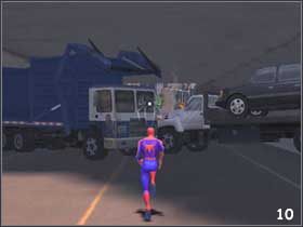 Drugą część rozgrywki rozpoczynasz od rozprawienia się z pasażerami furgonetki, która uderzyła w inny samochód na końcu ulicy (#9) - [Misja 1] Oswobodzenie Rhino cz.1 | Spider-Man 2 The Game - Spider-Man 2: The Game - poradnik do gry