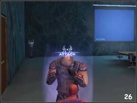 Wracaj do holu, idź po schodach na górę i przejdź przez drzwi (jeśli nie wiesz po której stronie holu się znajdują, popatrz na strzałkę) - [Misja 2] Napad na bank cz.1 | Spider-Man 2 The Game - Spider-Man 2: The Game - poradnik do gry