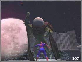 Biegnij dookoła budynku, aż znajdziesz kolejny kamień (#106), który przeniesie Cię na niewielką wyspę - [Misja 5] Iluzje Mysterio cz.4 | Spider-Man 2 The Game - Spider-Man 2: The Game - poradnik do gry