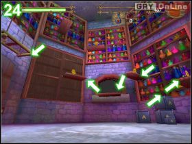 Lewa strzałka na obrazku [23] wskazuje skrzynki-niespodzianki, dwie prawe natomiast - dwóch laborantów, których załatw - [POZIOM 07] Steal The Potion cz.3 | Shrek 2 The Game - Shrek 2: The Game - poradnik do gry