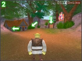 Lewa strzałka na obrazku [1] pokazuje automat - możesz zaopatrzyć się na drogę - [POZIOM 09] The Potion Fails cz.1 | Shrek 2 The Game - Shrek 2: The Game - poradnik do gry