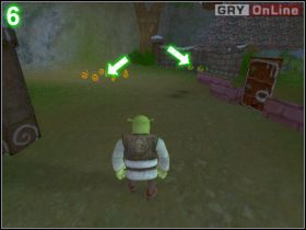Skacząc po liściach doskocz do liścia pomarańczowego (strzałka na obrazku [5] ) - [POZIOM 11] Rat Attack cz.1 | Shrek 2 The Game - Shrek 2: The Game - poradnik do gry