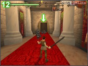 Trafisz do tajnego pokoju (obrazek [11] ), z automatem (prawa strzałka) i monetami i skrzynkami-niespodziankami (lewa strzałka) - [POZIOM 16] The Final Battle cz.2 | Shrek 2 The Game - Shrek 2: The Game - poradnik do gry