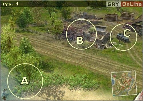 Z wody wychodzimy w punkcie [A], gdzie możemy spokojnie wyschnąć pod osłoną drzew - Misja 1 - Szepel (1) | Katiusza | Soldiers Ludzie Honoru - Soldiers: Ludzie Honoru - poradnik do gry