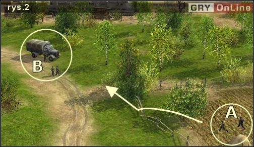 To właśnie od strony [4] podczołgujemy się do obozu [5], powoli eliminując obrońców tej strefy (wpierw zabijamy strażników na wieżach) - Misja 5 - Stacja Priszib | Katiusza | Soldiers Ludzie Honoru - Soldiers: Ludzie Honoru - poradnik do gry