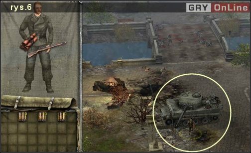 Co prawda sugerowanym pomysłem na zniszczenie czołgów jest także działo [rys7] na wzgórzu [6], aby jednak miało ono zasięg w okolicach mostu niezbędne jest zniszczenie budynku [F] - Misja 5 - Ostatnia nadzieja (2) | Droga do Berlina | Soldiers Ludzie Honoru - Soldiers: Ludzie Honoru - poradnik do gry