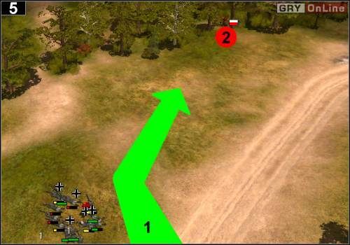 Teraz przeczołgaj się piechotą na drugą stronę drogi i dalej - tak jak pokazuje to strzałka [1] - [Niemcy] Misja 1 [Opis 2] w Codename Panzers - Faza Pierwsza - Codename: Panzers - Faza Pierwsza - poradnik do gry