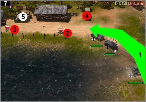 Wybierz pojazdy (prócz ciężarówek) i przejedź nimi przez wodę, jak pokazuje to strzałka [1] - [Niemcy] Misja 1 [Opis 3] w Codename Panzers - Faza Pierwsza - Codename: Panzers - Faza Pierwsza - poradnik do gry