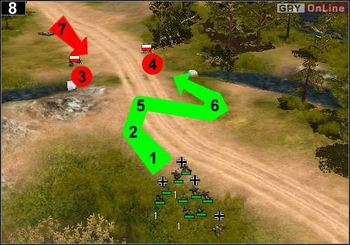 Znów wybierz całą piechotę i czołgaj się do [1], a jeśli będziesz za daleko - do [2] - [Niemcy] Misja 1 [Opis 3] w Codename Panzers - Faza Pierwsza - Codename: Panzers - Faza Pierwsza - poradnik do gry