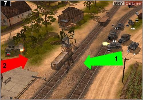 Działem i Panzerami II pojedź trochę do przodu - [1], poczekaj aż czołg przeciwnika wyjedzie z [2] - [Niemcy] Misja 2 [Opis 3] w Codename Panzers - Faza Pierwsza - Codename: Panzers - Faza Pierwsza - poradnik do gry