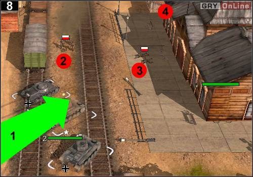 Pojazdami z karabinami maszynowymi oraz piechotą jedź przed siebie, jak pokazuje to strzałka [1] - [Niemcy] Misja 2 [Opis 3] w Codename Panzers - Faza Pierwsza - Codename: Panzers - Faza Pierwsza - poradnik do gry