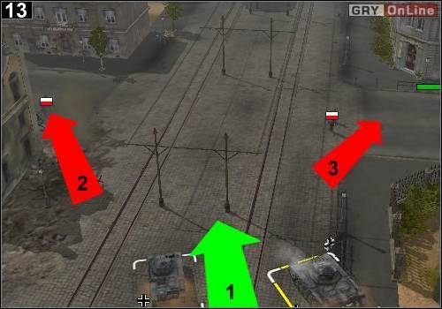 Jedź ulicą dalej, w pobliże budynku zaznaczonego celownikiem na mapie (strzałka [1]), dotrzesz do dwóch oddziałów piechoty, które rozbiegną się na dwie strony ([2] i [3]) - [Niemcy] Misja 3 [Opis 5] w Codename Panzers - Faza Pierwsza - Codename: Panzers - Faza Pierwsza - poradnik do gry