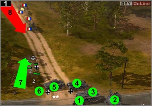 Działa (czyli Bisony I) postaw w [1] i [2], natomiast czołgi w [3], [4], [5] i [6] - [Niemcy] Misja 4 [Opis 1] w Codename Panzers - Faza Pierwsza - Codename: Panzers - Faza Pierwsza - poradnik do gry