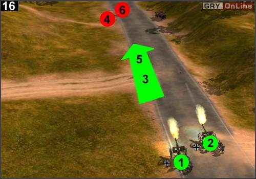 Jedź działami wzdłuż drogi, postaw je w [1] i [2] - [Niemcy] Misja 4 [Opis 6] w Codename Panzers - Faza Pierwsza - Codename: Panzers - Faza Pierwsza - poradnik do gry
