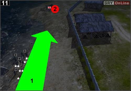 Skieruj kroki wzdłuż brzegu do ostatniego działa - jak pokazuje to strzałka [1] - [Niemcy] Misja 6 [Opis 4] w Codename Panzers - Faza Pierwsza - Codename: Panzers - Faza Pierwsza - poradnik do gry