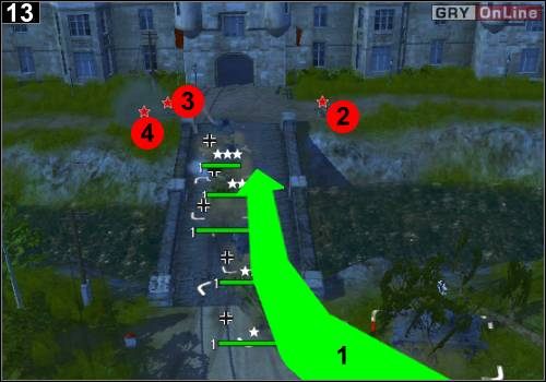 Przejedź przez most (strzałka [1]) i bez litości zabij wszystkich piechurów przeciwnika ([2], [3] i [4]) - [Niemcy] Misja 7 [Opis 4] w Codename Panzers - Faza Pierwsza - Codename: Panzers - Faza Pierwsza - poradnik do gry