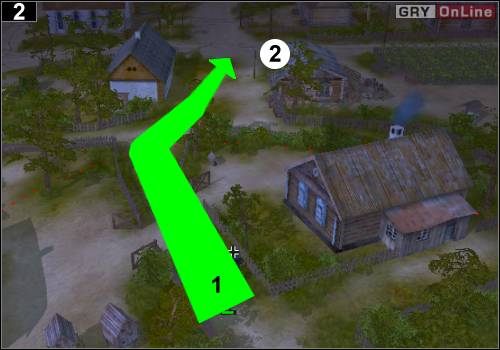 Czołgaj się ekipą tak, jak pokazuje to strzałka [1] na obrazku - [Niemcy] Misja 8 [Opis 1] w Codename Panzers - Faza Pierwsza - Codename: Panzers - Faza Pierwsza - poradnik do gry