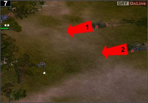 Prędzej czy później z prawej, z [1] i [2] powinny wyjechać czołgi przeciwnika - [Niemcy] Misja 8 [Opis 3] w Codename Panzers - Faza Pierwsza - Codename: Panzers - Faza Pierwsza - poradnik do gry