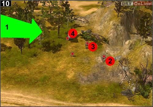 Czołgaj się przez lasek, jak pokazuje to strzałka w [1] - [Niemcy] Misja 9 [Opis 4] w Codename Panzers - Faza Pierwsza - Codename: Panzers - Faza Pierwsza - poradnik do gry