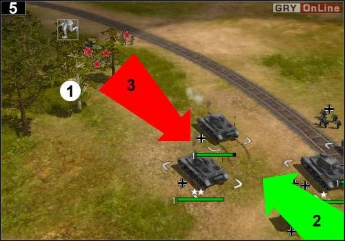 Bisony I postaw po lewej tak, aby w zasięgu miały przeciwników wychodzących z lasu (czyli dalej, niż pokazuje to punkt [1]) - [Niemcy] Misja 10 [Opis 2] w Codename Panzers - Faza Pierwsza - Codename: Panzers - Faza Pierwsza - poradnik do gry