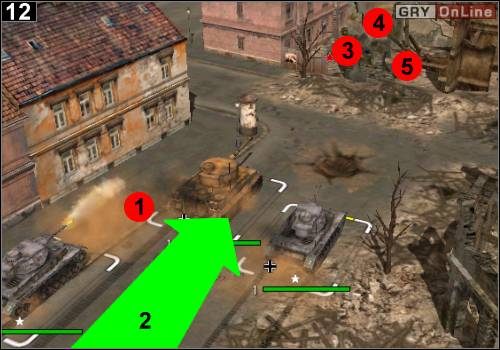 Jedź czołgami, zniszcz działo w [1], a później przemieść je w stronę, którą wskazuje strzałka [2] - [Niemcy] Misja 11 [Opis 4] w Codename Panzers - Faza Pierwsza - Codename: Panzers - Faza Pierwsza - poradnik do gry