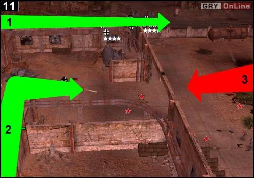 Szybko wjedź czołgami do magazynów, jak pokazuje to strzałka [2] - [Niemcy] Misja 12 [Opis 4] w Codename Panzers - Faza Pierwsza - Codename: Panzers - Faza Pierwsza - poradnik do gry