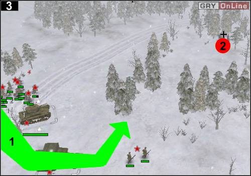 Przejedź przez drogę, okrążając wioskę (strzałka [1]) - [Rosja] Misja 1 [Opis 1] w Codename Panzers - Faza Pierwsza - Codename: Panzers - Faza Pierwsza - poradnik do gry
