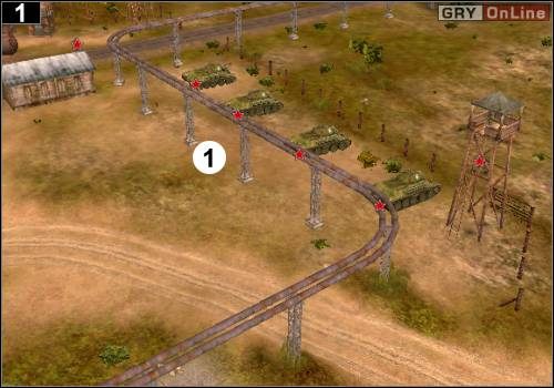 Wybierz jedną z ciężarówek naprawczych i od razu jedź nią do miejsca wskazanego przez punkt [1] - [Rosja] Misja 2 [Opis 1] w Codename Panzers - Faza Pierwsza - Codename: Panzers - Faza Pierwsza - poradnik do gry
